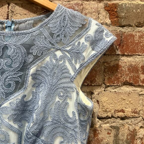 Tadashi Shoji Blue Stone Cotton Embroidered Tulle Cap Sleeve Dress Size 4 - Picture 5 of 9